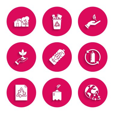 Set Stop ocean plastic pollution Sprout in bottle Planet earth and recycling Recycling Paper with recycle Plant hand of environmental protection and Eco friendly house icon. Vector.