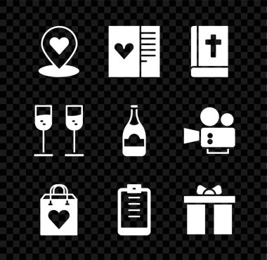 Set Location with heart, Postcard, Holy bible book, Shopping bag, Clipboard checklist, Gift box, Glass of champagne and Champagne bottle icon. Vector