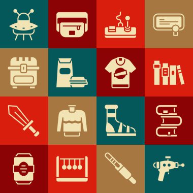 Set Ray gun, Book, Gamepad, Burger, Antique treasure chest, UFO flying spaceship and T-shirt icon. Vector