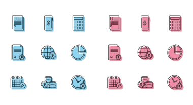 Set line Calendar, Coin money with dollar symbol, File document, Time is, Earth globe, Pie chart infographic, Finance and Smartphone icon. Vector