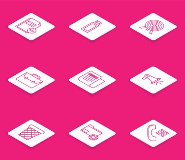 Set line Document with minus, USB flash drive, Target, Briefcase, News, Megaphone, Trash can and Folder settings gears icon. Vector