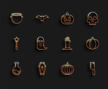 Set line Bottle with potion, Coffin christian cross, Halloween witch cauldron, Pumpkin, Meat chopper, Ghost,  and Zombie hand icon. Vector