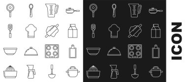 Set line Cooking pot, Cutting board, Paper package for milk, Measuring cup, Chef hat, Spatula, Frying pan and Rolling pin icon. Vector