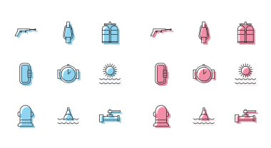Set line Buoy, Floating buoy on the sea, Fishing harpoon, Industry metallic pipes and valve, Diving watch, Sun waves, Carabiner and  icon. Vector