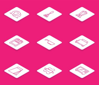 Set line Chef hat in speech bubble, Spatula, Blender, Oven, Frying pan, Toaster, Bag of coffee beans and Rolling pin on dough icon. Vector