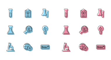 Set line Microscope, Planet earth and radiation, Test tube flask, Equation solution, Radioactive, Light bulb with lightning,  and Radiation warning document icon. Vector