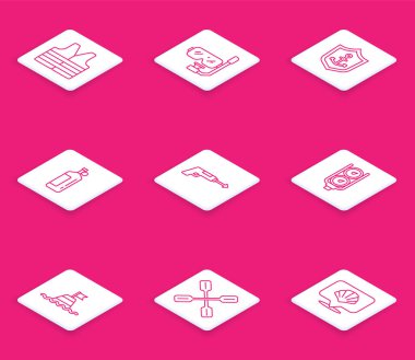 Set line Life jacket, Diving mask and snorkel, Anchor inside shield, Aqualung, Fishing harpoon, Gauge scale, Floating buoy the sea and Paddle icon. Vector