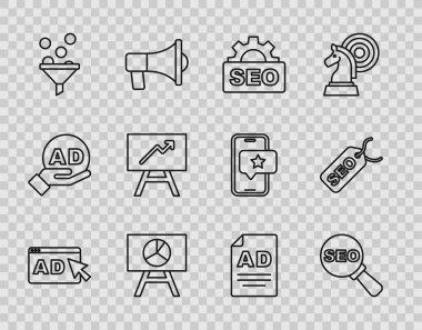 Set line Advertising, SEO optimization, Board with graph chart, Lead management,  and  icon. Vector