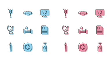 Set line Medical thermometer, Emergency - Star of Life, Crutch or crutches, Antibacterial soap, Hospital bed, Patient record, Stethoscope and protective mask icon. Vector