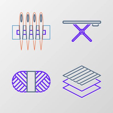 Set line Textile fabric roll, Sewing thread on spool, Ironing board and Needle for sewing icon. Vector