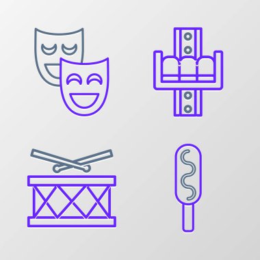 Set line Corn dog, Drum with drum sticks, Attraction carousel and Comedy theatrical masks icon. Vector