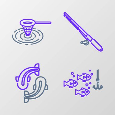 Set line Fishing hook under water with fish, rod and net icon. Vector