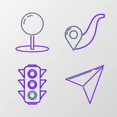 Set line Paper airplane, Traffic light, Route location and Push pin icon. Vector