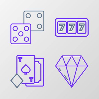 Set line Diamond, Playing card with spades, Slot machine lucky sevens jackpot and Game dice icon. Vector
