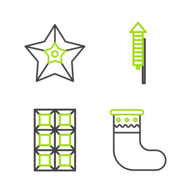 Set line Christmas stocking, Chocolate bar, Firework rocket and star icon. Vector