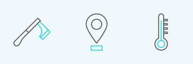 Set line Meteorology thermometer, Wooden axe and Location icon. Vector