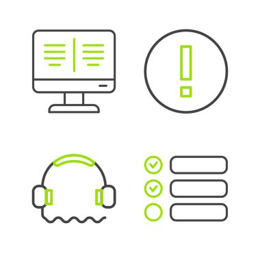 Set line Task list, Headphones, Information and Online book monitor icon. Vector