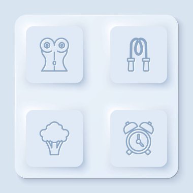 Set line Women waist, Jump rope, Broccoli and Alarm clock. White square button. Vector