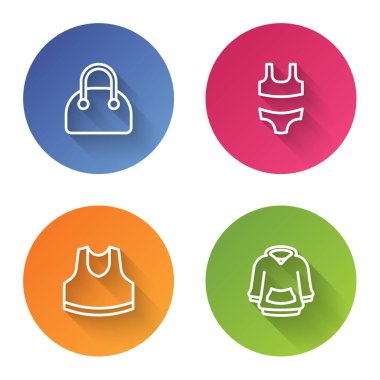 Set line Handbag, Swimsuit, Undershirt and Hoodie. Color circle button. Vector