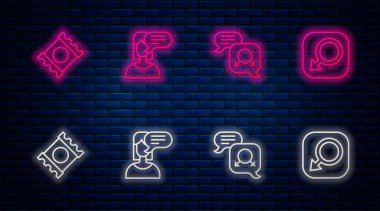 Set line Female opinion, Gender equality, Condom package and Male gender. Glowing neon icon on brick wall. Vector