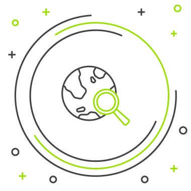 Beyaz arka planda izole edilmiş dünya ikonu olan çizgi büyüteç. Dünyayı analiz ediyorum. Küresel arama işareti. Renkli taslak konsepti. Vektör