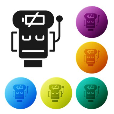 Black Robot low battery charge icon isolated on white background. Artificial intelligence, machine learning, cloud computing. Set icons in color circle buttons. Vector.