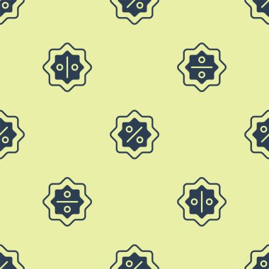Blue Discount percent tag icon isolated seamless pattern on yellow background. Shopping tag sign. Special offer sign. Discount coupons symbol.  Vector