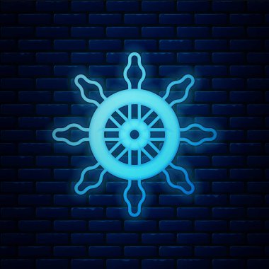 Parlayan neon gemi direksiyon ikonu tuğla duvar arka planında izole edilmiş. Vektör