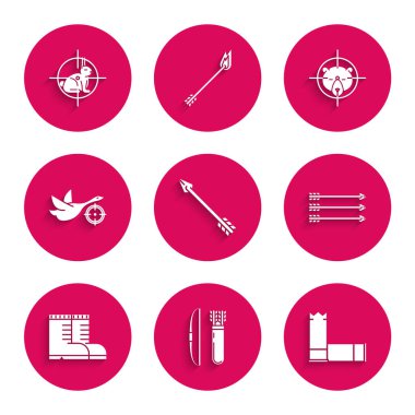 Set Hipster arrow, Bow and in quiver, Cartridges, arrows, Hunter boots, on duck with crosshairs, bear and rabbit icon. Vector
