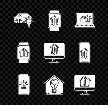 Set Smart house and light bulb, home with smart watch, Laptop alarm, Mobile phone, Computer monitor temperature,  and  icon. Vector