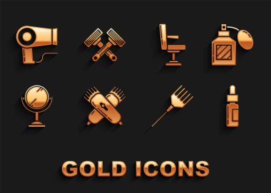 Set Crossed electrical hair clipper or shaver Aftershave Glass bottle with pipette Hairbrush Hand mirror Barbershop chair dryer and shaving razor icon. Vector.