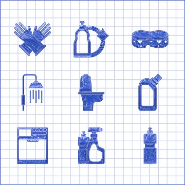 Set Toilet bowl Plastic bottles for liquid dishwashing liquid Washer Shower head with water drops flowing Sponge and Rubber gloves icon. Vector.