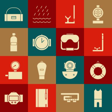Set Wetsuit for scuba diving, Lifebuoy, Snorkel, Diving watch, Aqualung, Case box container wobbler and mask icon. Vector