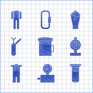 Set Big flashlight for diver, Gauge scale, Flashlight, Industry metallic pipes and valve, Wetsuit scuba diving, Swiss army knife, Lift bag and  icon. Vector