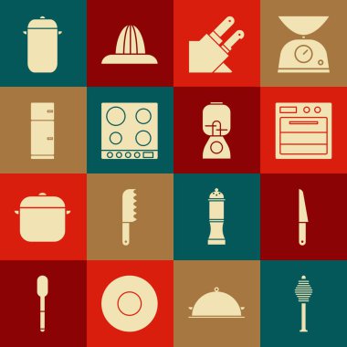 Set Honey dipper stick, Knife, Oven, Gas stove, Refrigerator, Cooking pot and Blender icon. Vector