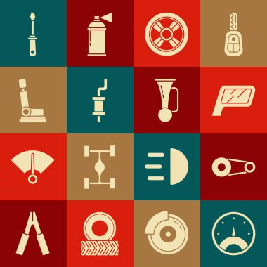 Set Speedometer Timing belt kit Car mirror wheel muffler seat Screwdriver and Signal horn on vehicle icon. Vector.
