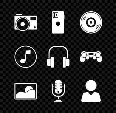 Set Photo camera, Smartphone, mobile phone, Vinyl disk, Picture landscape, Microphone, Add friend, Music note, tone and Headphones icon. Vector