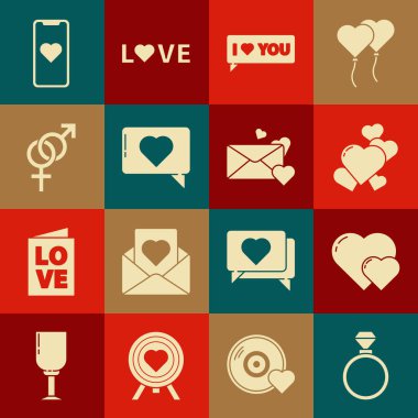 Set Wedding rings, Heart, Speech bubble with I love you, Like and heart, Gender, Mobile phone and Envelope icon. Vector