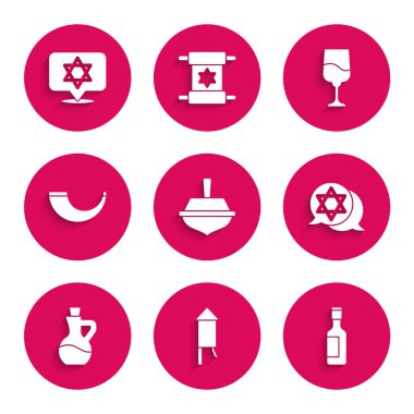 Set Hanukkah dreidel, Firework rocket, Jewish wine bottle, Star of David, Bottle olive oil, Traditional ram horn, shofar, goblet and  icon. Vector
