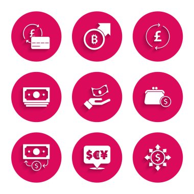 Set Hand holding money, Currency exchange, Dollar, share, network, Wallet with coins, Stacks paper cash, Coin pound and Credit card icon. Vector