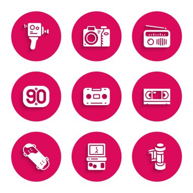 Set Retro audio cassette tape, Tetris, Camera roll cartridge, VHS video, Skateboard trick, 90s, Radio with antenna and cinema camera icon. Vector