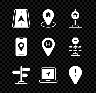 Set City map navigation, Location with house, Hotel sign for traffic, Road, Laptop location marker, exclamation,  and Helicopter landing pad icon. Vector