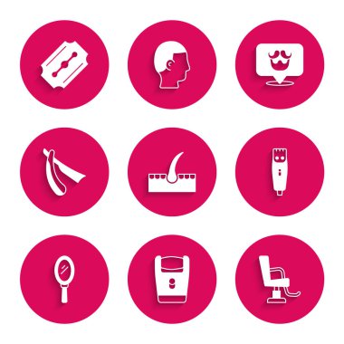 Set Human hair follicle, Electric razor blade, Barbershop chair, Hair clipper, Hand mirror, Straight,  and Blade icon. Vector