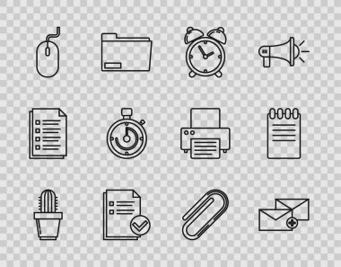 Set line Cactus and succulent in pot, Envelope, Alarm clock, Document check mark, Computer mouse, Briefcase, Paper clip and Notebook icon. Vector