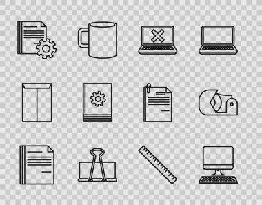 Set line File document, Computer monitor with keyboard, Laptop and cross mark screen, Binder clip, Document settings gears, User manual, Ruler and Scotch icon. Vector