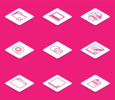 Set line Delete folder, Laptop, Printer, Scotch, Blank notebook and pencil with eraser, Document and File document icon. Vector