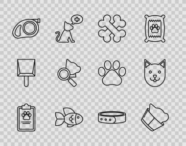 Set line Clipboard with medical clinical record pet, Veterinary symbol, Crossed bones, Fish, Retractable leash carabiner, Collar name tag and Cat icon. Vector