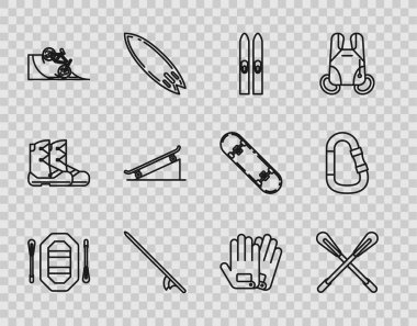 Set line Rafting boat, Crossed paddle, Ski and sticks, Surfboard, Bicycle on street ramp, Skateboard, Gloves and Carabiner icon. Vector