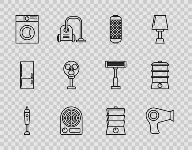 Set line Blender, Hair dryer, Stereo speaker, Electric heater, Washer, fan, Double boiler and  icon. Vector