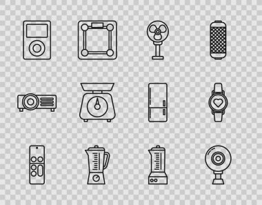 Set line Remote control, Web camera, Electric fan, Blender, Music player, Scales,  and Smart watch showing heart beat rate icon. Vector